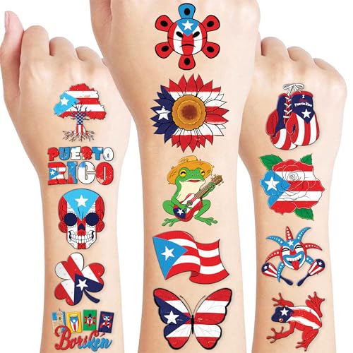 96 PCS Puerto Rico PR Puerto Rican Flag PreCut Temporary Tattoos for Kids  Super Cute Themed Birthday Party Favors Supplies Decorations Fake Tattoo Stickers multiple
